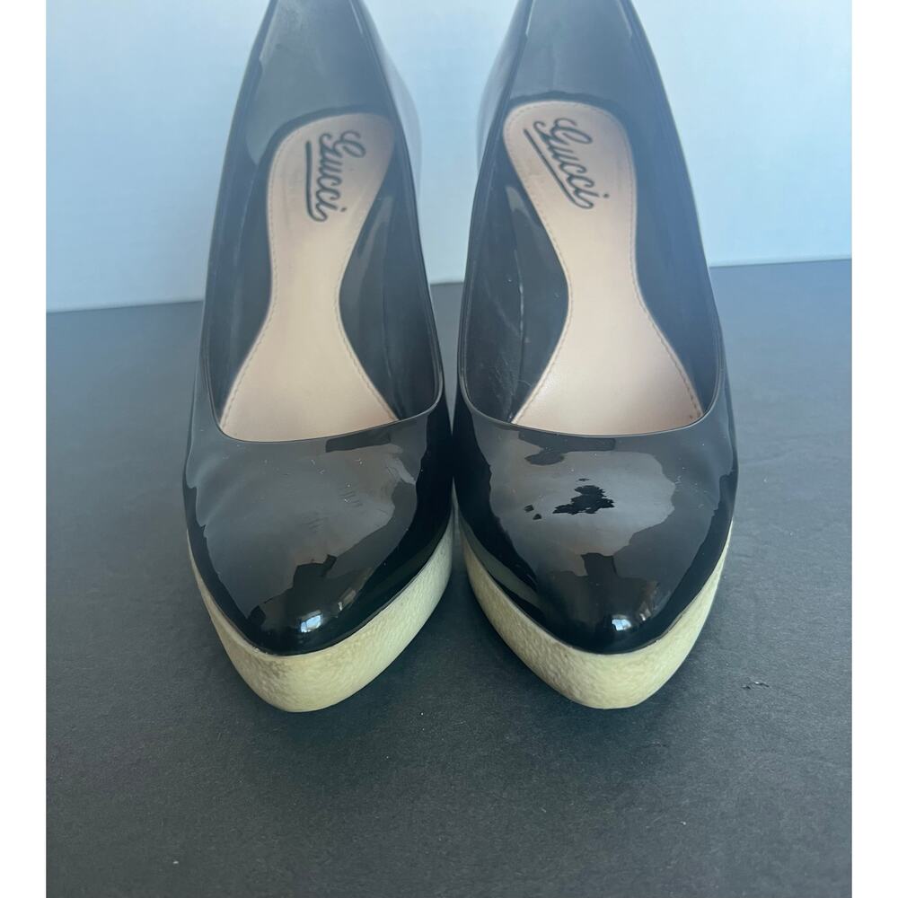 Gucci Tom Ford Platform Pointy Toe Black‎ White Patent Leather Slip On Pumps 6.5 - Picture 4 of 12